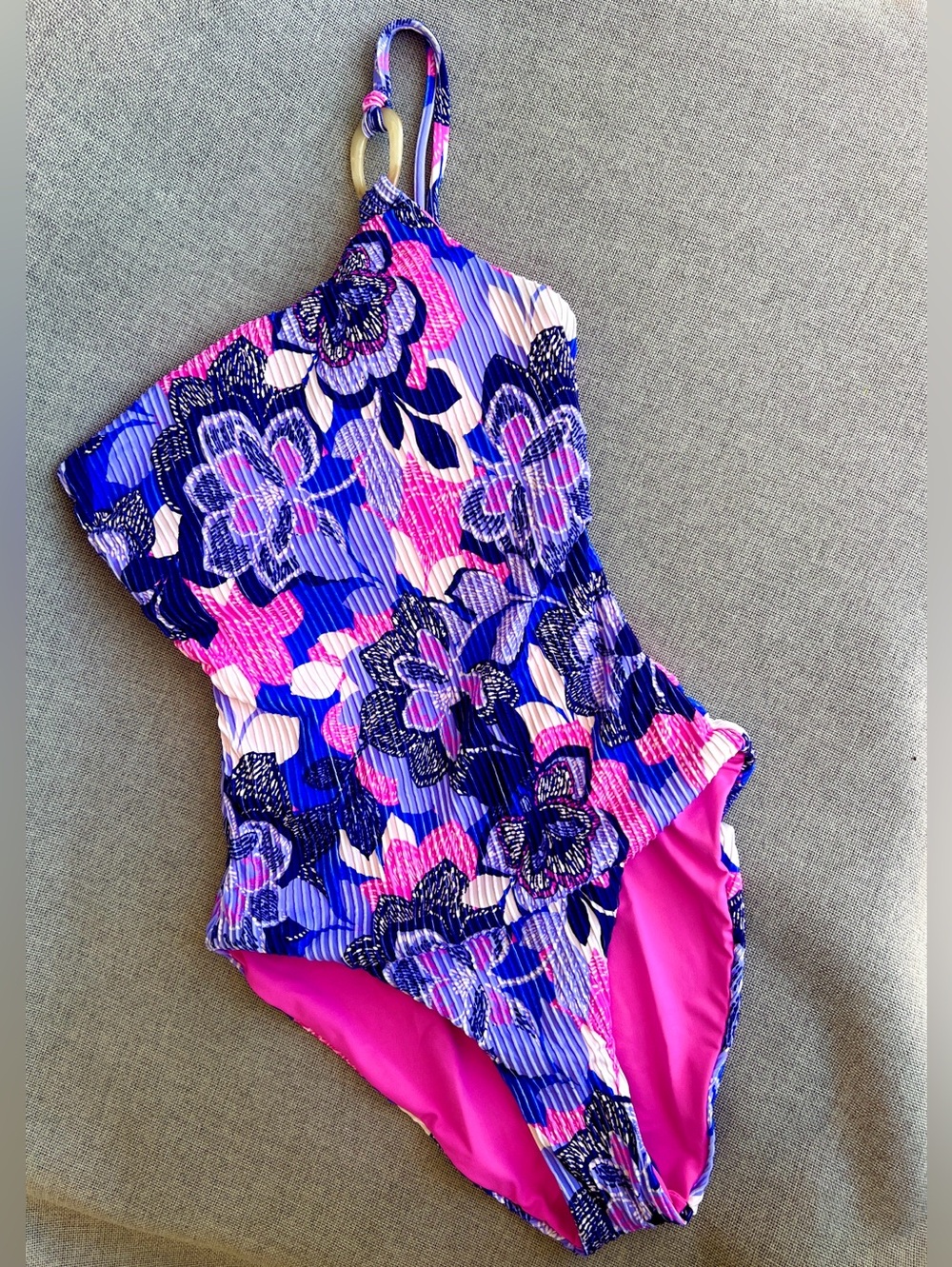 BECCA Lanai Rib Floral one shoulder one piece swimsuit purple pink blue white